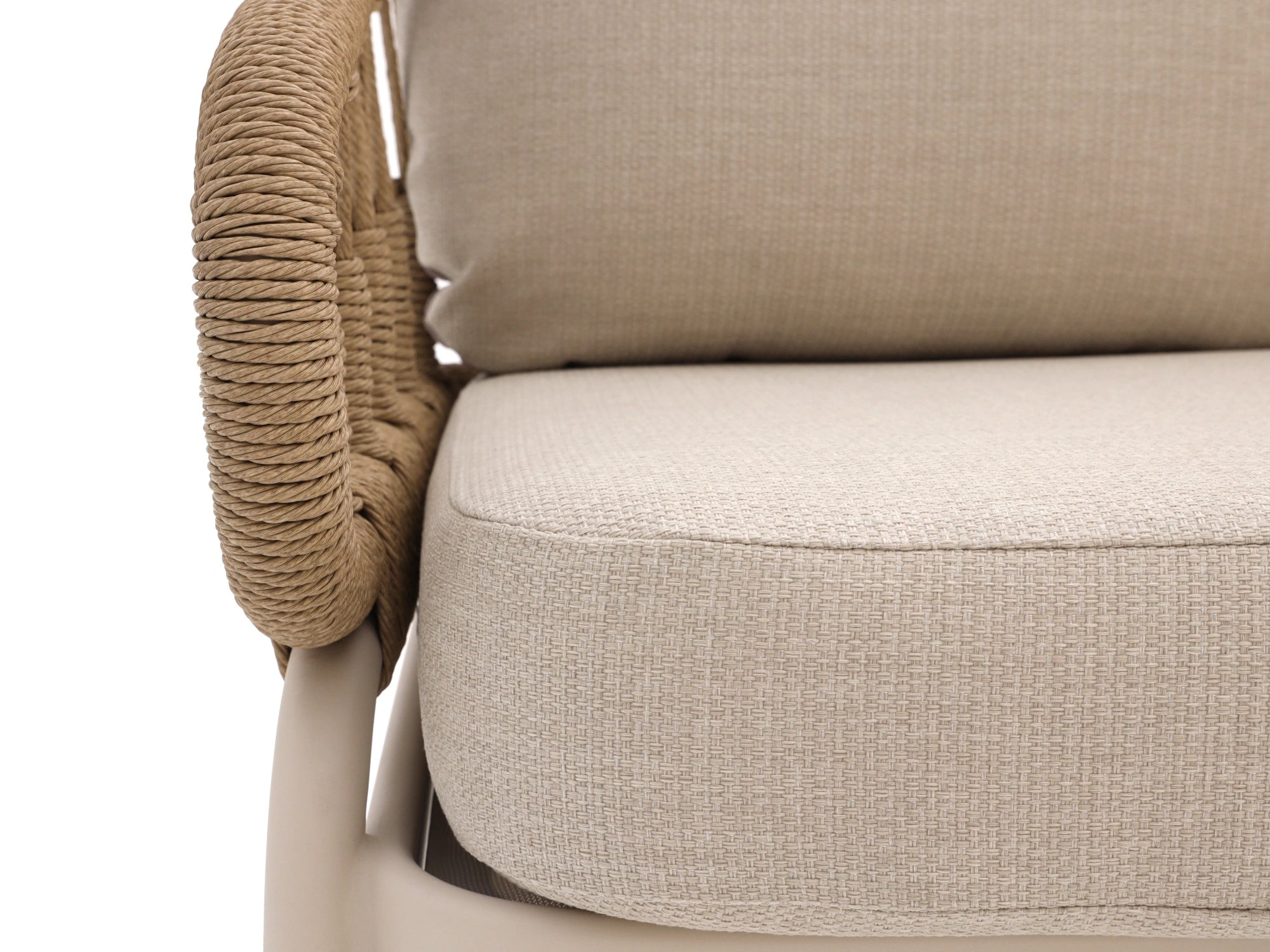 Handwoven rope detail on outdoor sofa frame – Alfresco collection, Outdoor Studio