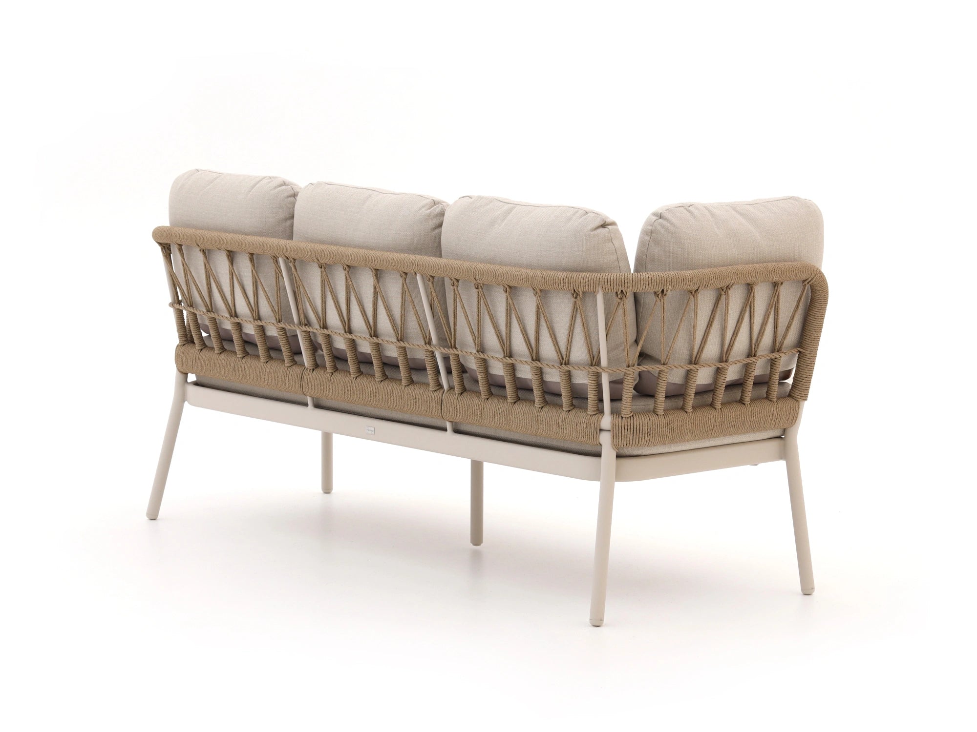 Rope outdoor sofa back view with beige cushions – Alfresco set by Outdoor Studio