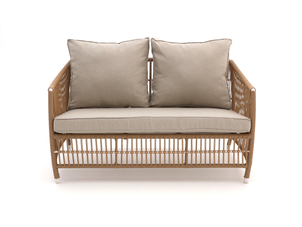 Bali 2-seater sofa front view – handwoven rope, water-resistant cushions, aluminium frame