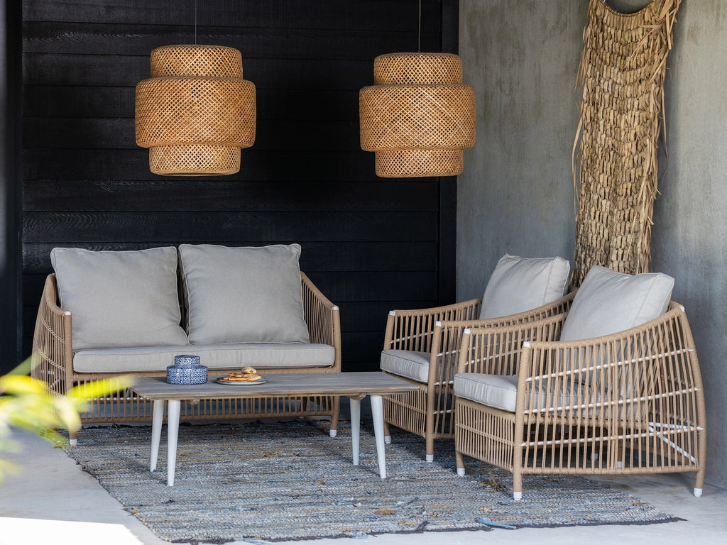 Bali outdoor sofa set – dimension overview with 2-seater, single chairs, and center table