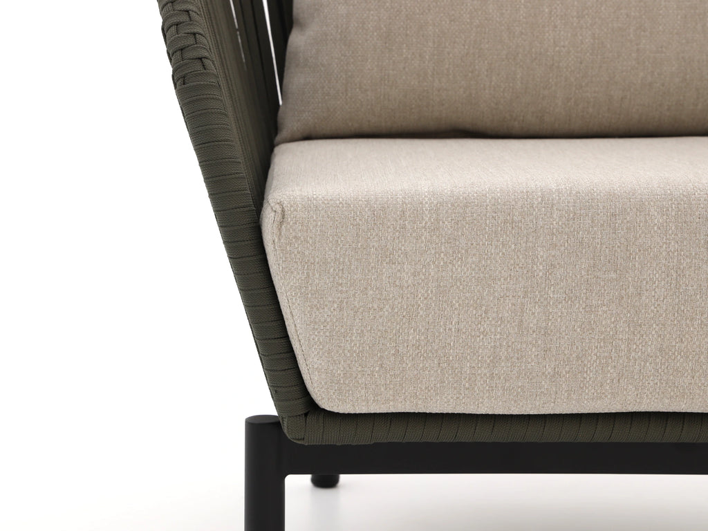 Close-up of beige weatherproof cushion fabric on outdoor sofa set