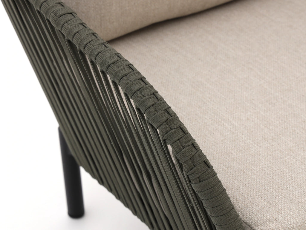Close-up of beige weatherproof cushion fabric on outdoor sofa set