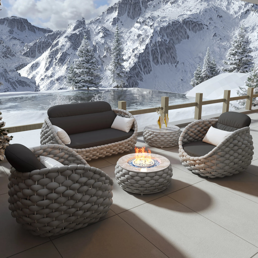 Winter setting with Cornwall rope outdoor sofa and fire pit