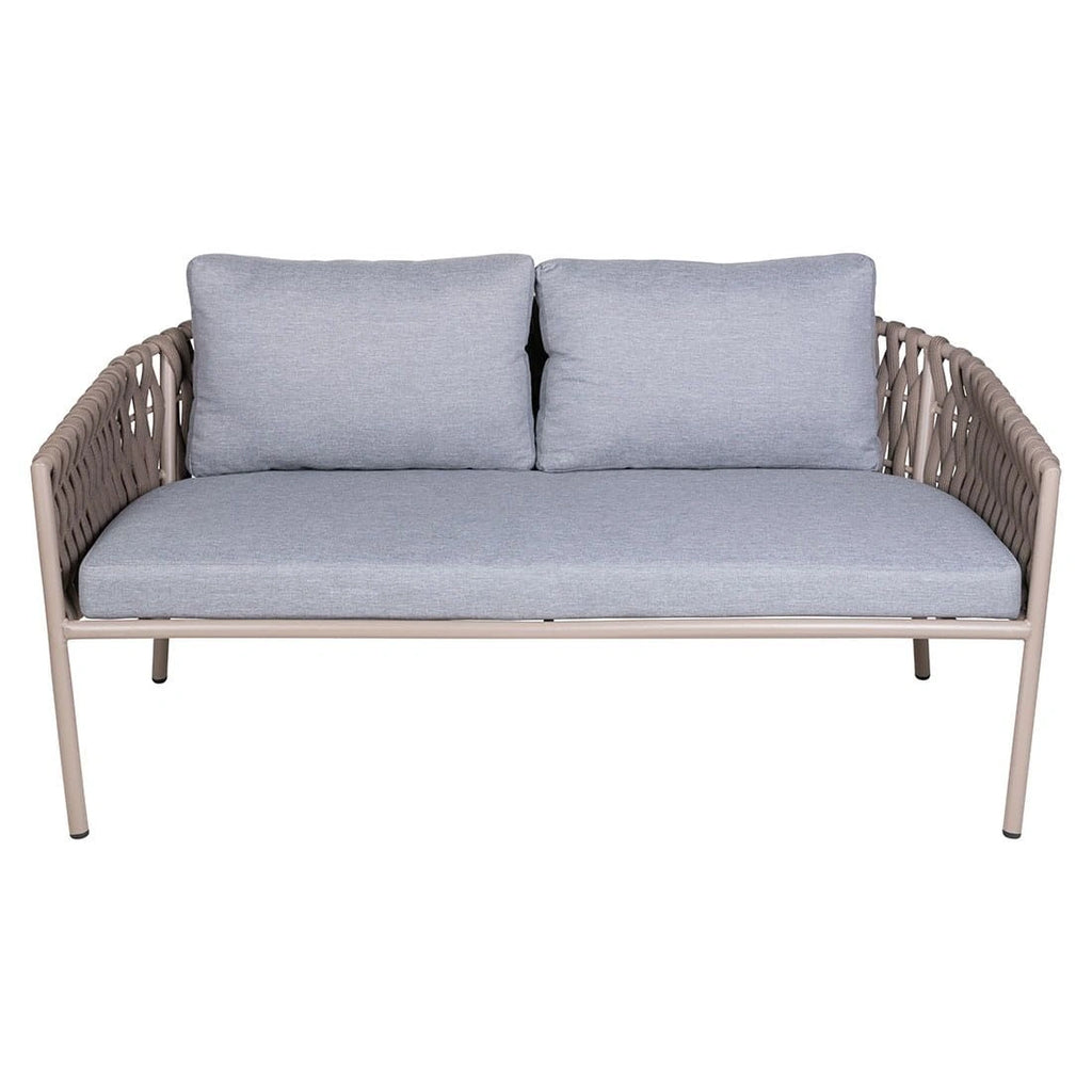 Front view of Eden 2-seater outdoor sofa with soft weather-resistant cushions and rope detailing