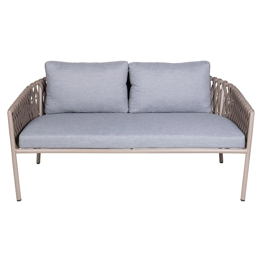 Front view of Eden 2-seater outdoor sofa with soft weather-resistant cushions and rope detailing