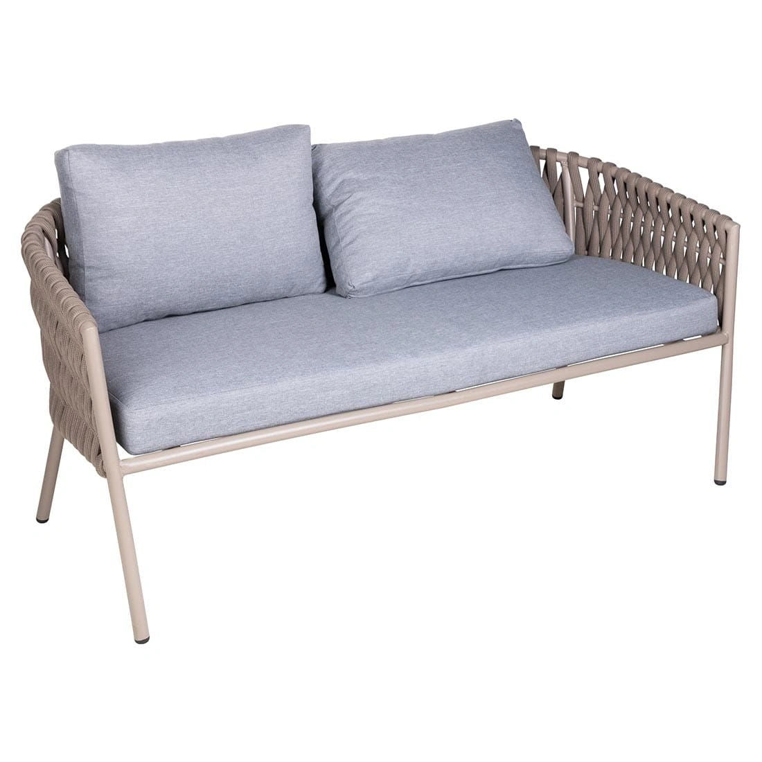 Front view of Eden 2-seater outdoor sofa with soft weather-resistant cushions and rope detailing