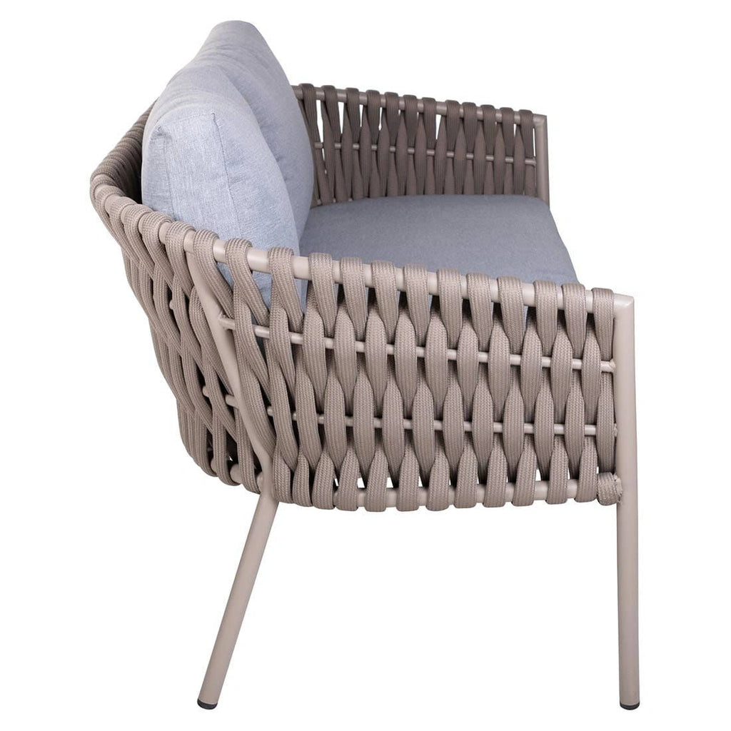 Side view of Eden outdoor sofa showcasing premium handwoven rope design and grey cushions