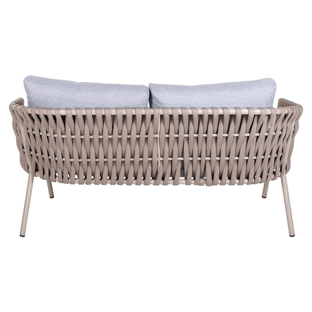 Full back profile of Eden 2-seater rope sofa showing handwoven outdoor weave pattern