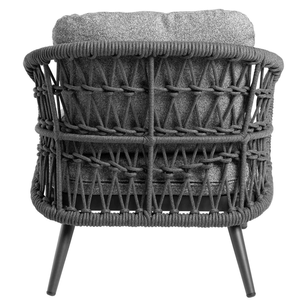 Rear view of Florence outdoor rope lounge chair with durable woven design