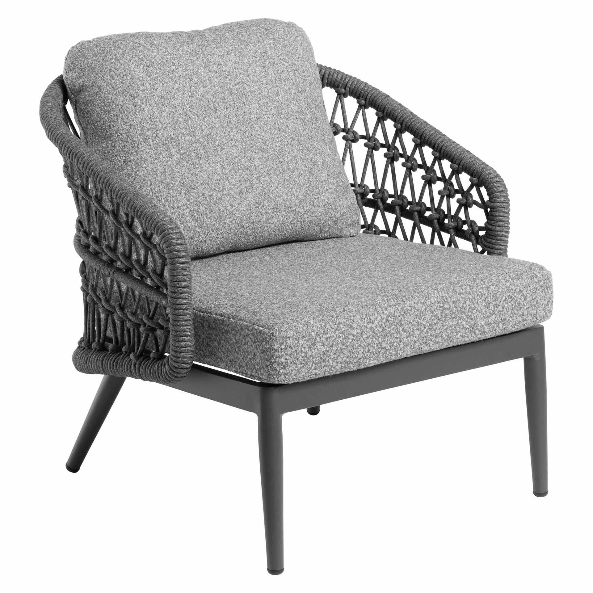 Rear view of Florence outdoor rope lounge chair with durable woven design