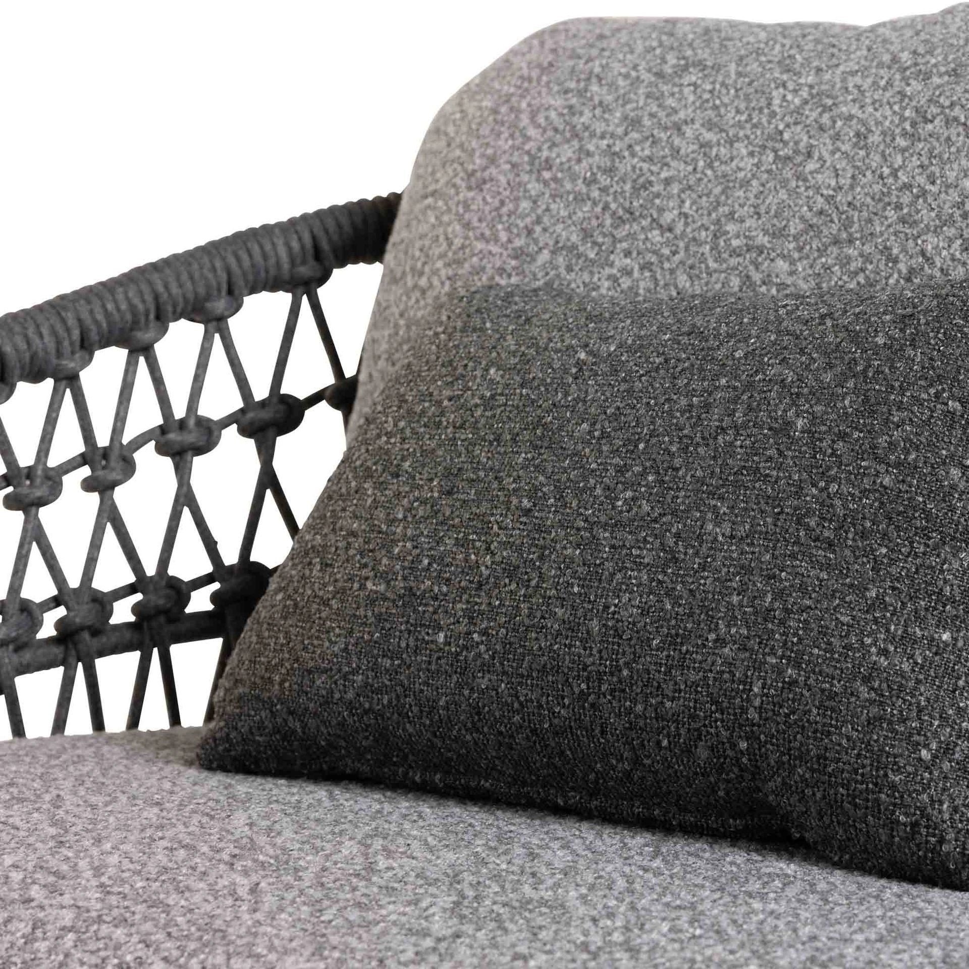 Close-up of handwoven rope detailing and grey seat cushions in Florence outdoor chair