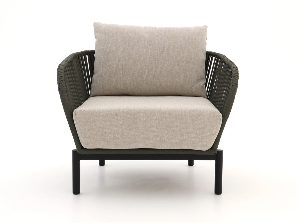 Front view of beige cushioned rope lounge chair – Outdoor Studio