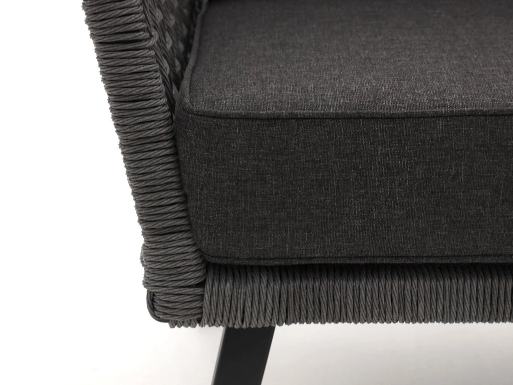 Close-up detail of handwoven HDPE rope armrest and cushion – Kensington by Outdoor Studio
