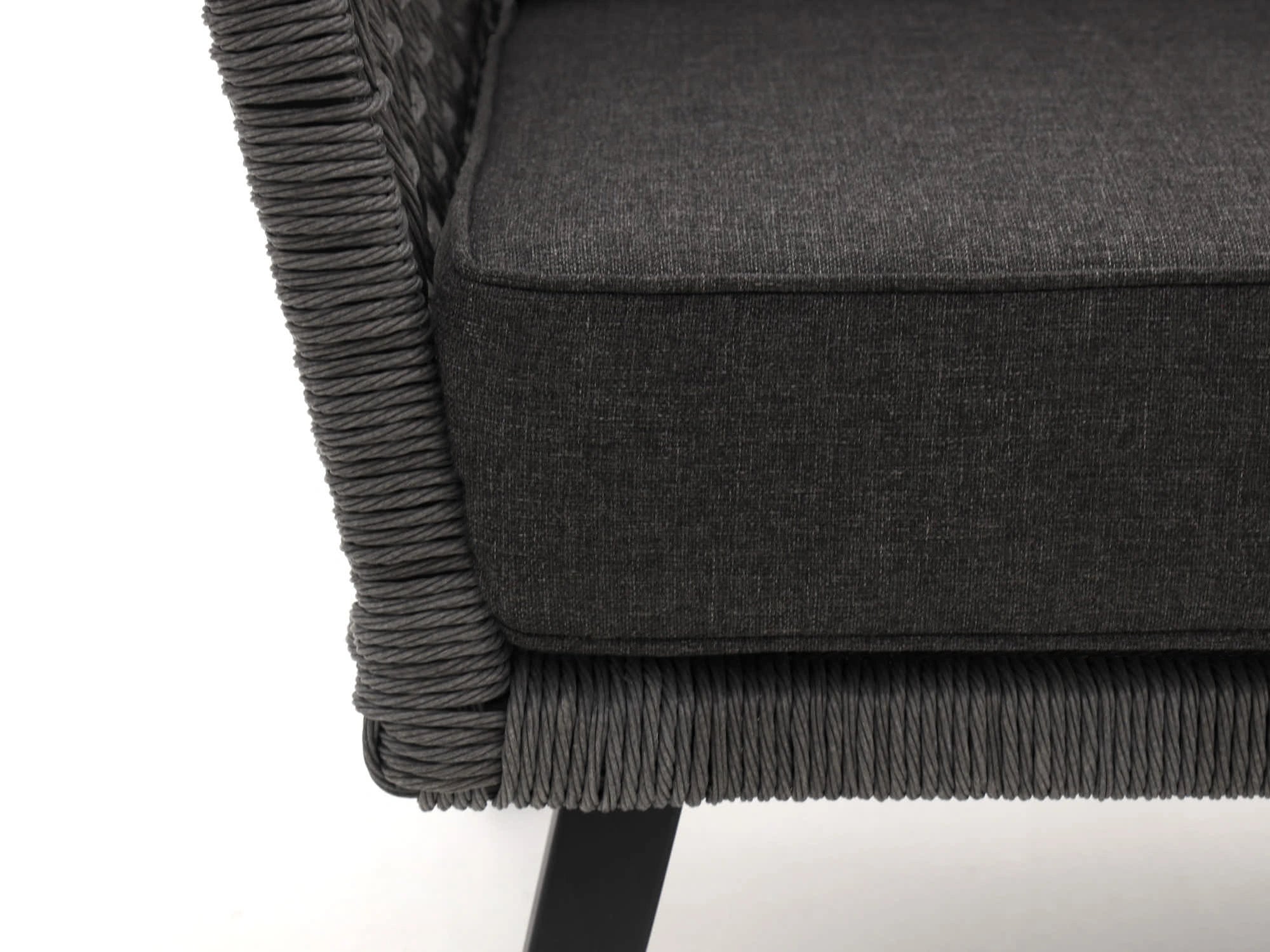 Close-up detail of handwoven HDPE rope armrest and cushion – Kensington by Outdoor Studio