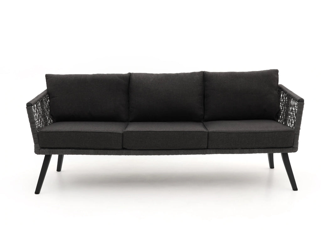 Front-facing 3-seater rope sofa in black with outdoor cushions – Kensington by Outdoor Studio