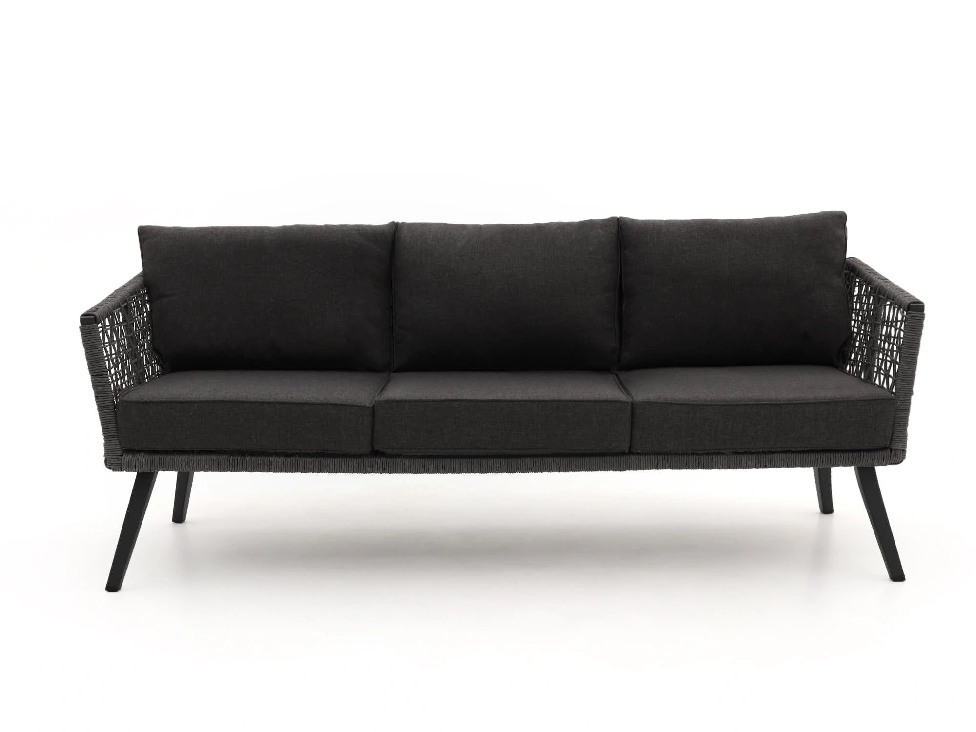 Front-facing 3-seater rope sofa in black with outdoor cushions – Kensington by Outdoor Studio