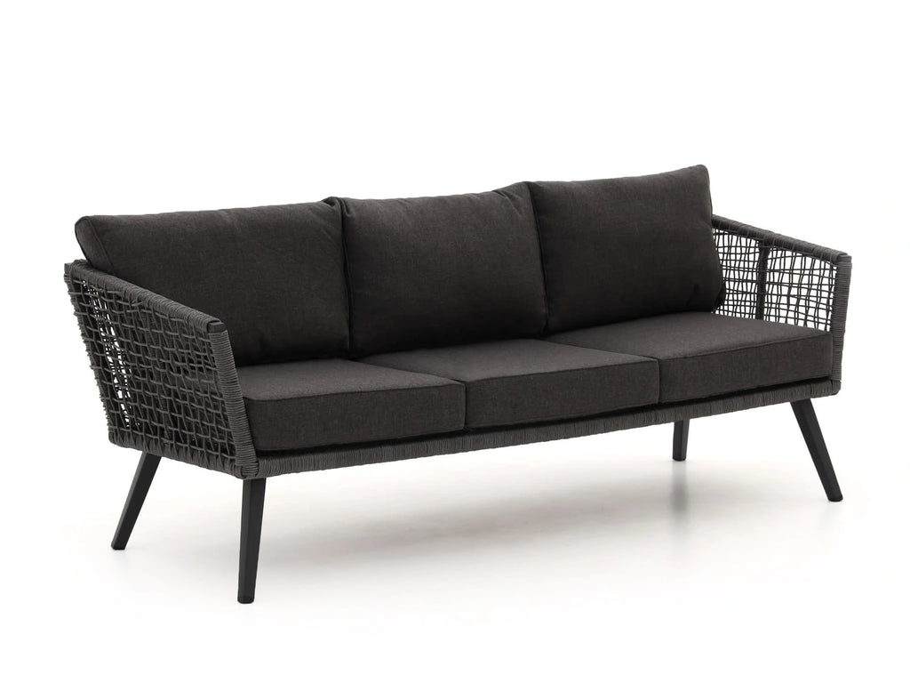 Angled view of Kensington 3-seater outdoor sofa with rope weave and plush cushions