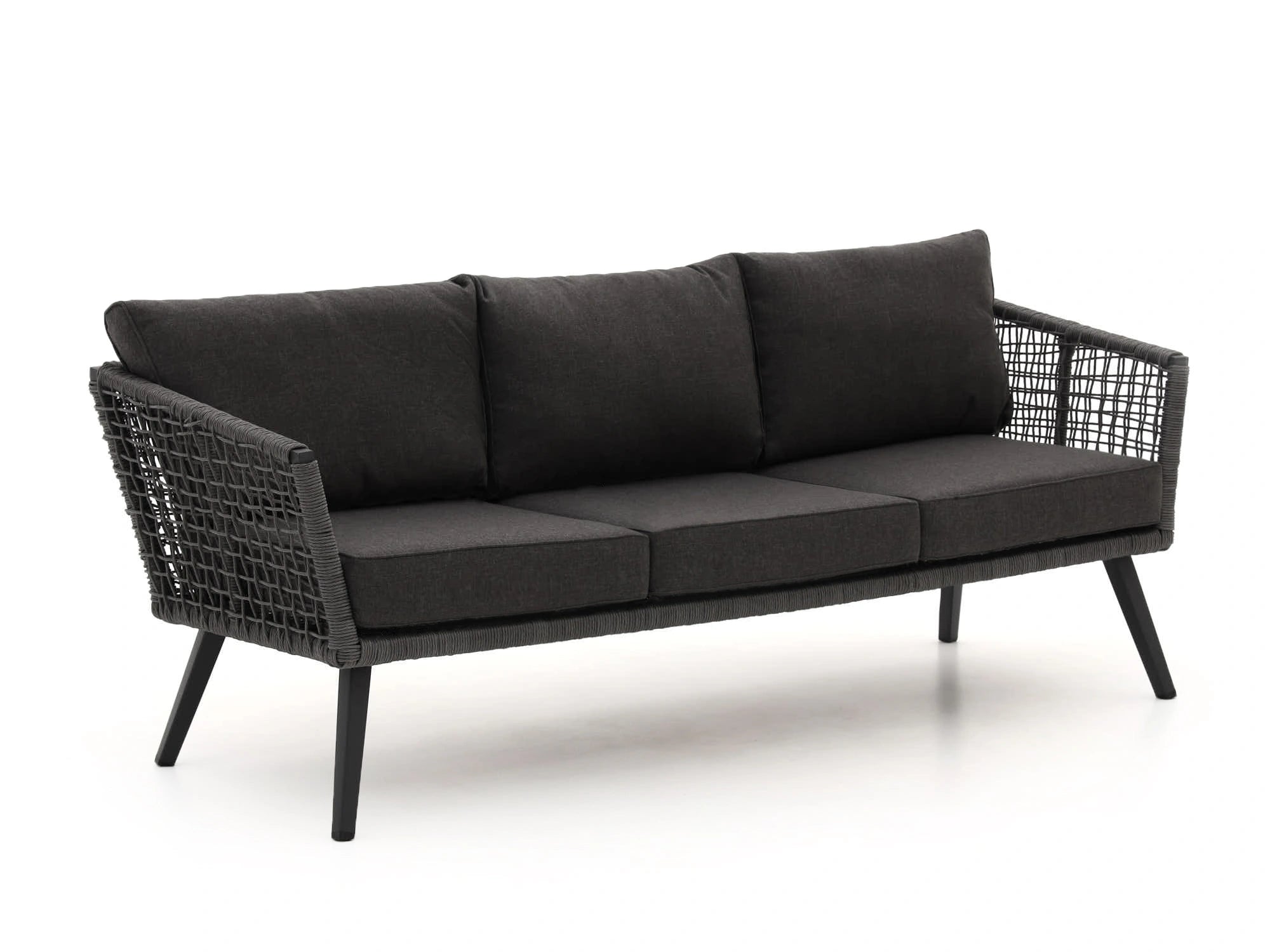 Angled view of Kensington 3-seater outdoor sofa with rope weave and plush cushions