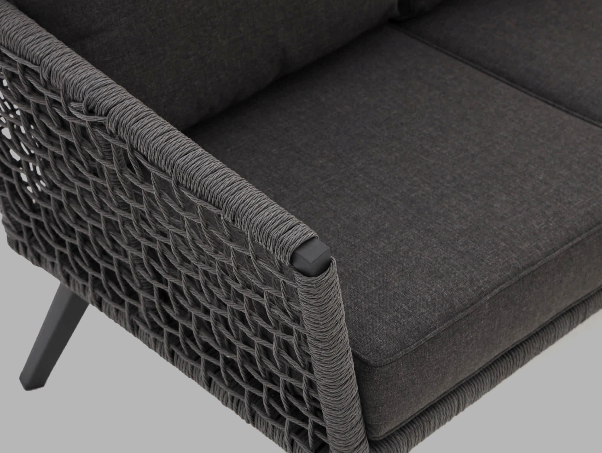 Close-up detail of handwoven HDPE rope armrest and cushion – Kensington by Outdoor Studio