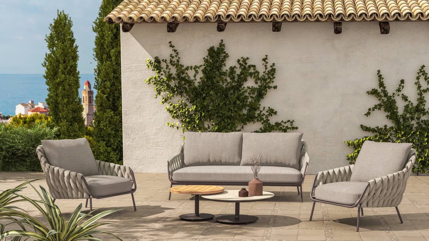 Complete outdoor rope sofa set 2+1+1 with dual glass center tables