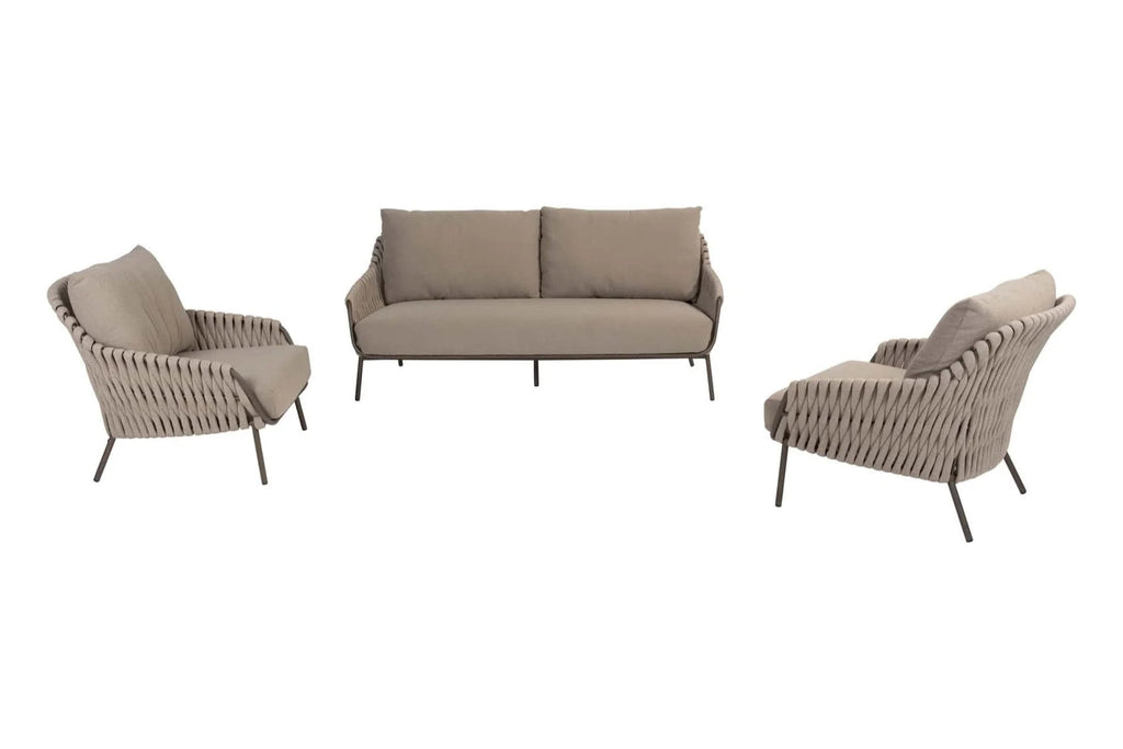 Lakeshire outdoor rope sofa set with two center tables on patio