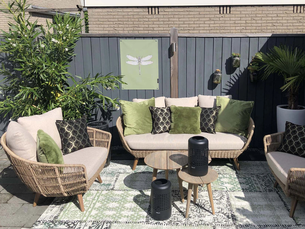 Mayfair Outdoor Sofa Set by Outdoor Studio – full view with 2+1+1 rope weave seating and teak wood twin tables