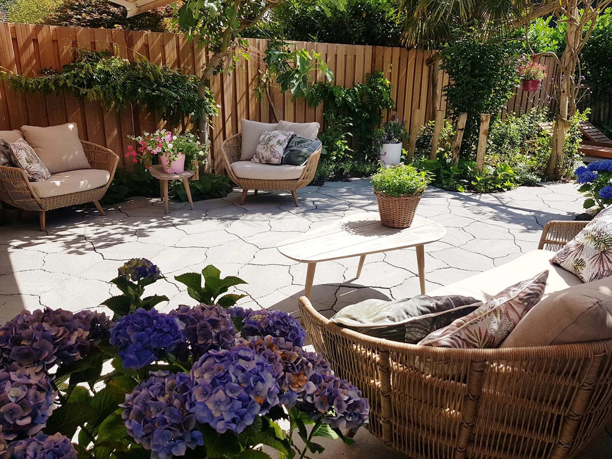 Mayfair Outdoor Sofa Set by Outdoor Studio – full view with 2+1+1 rope weave seating and teak wood twin tables