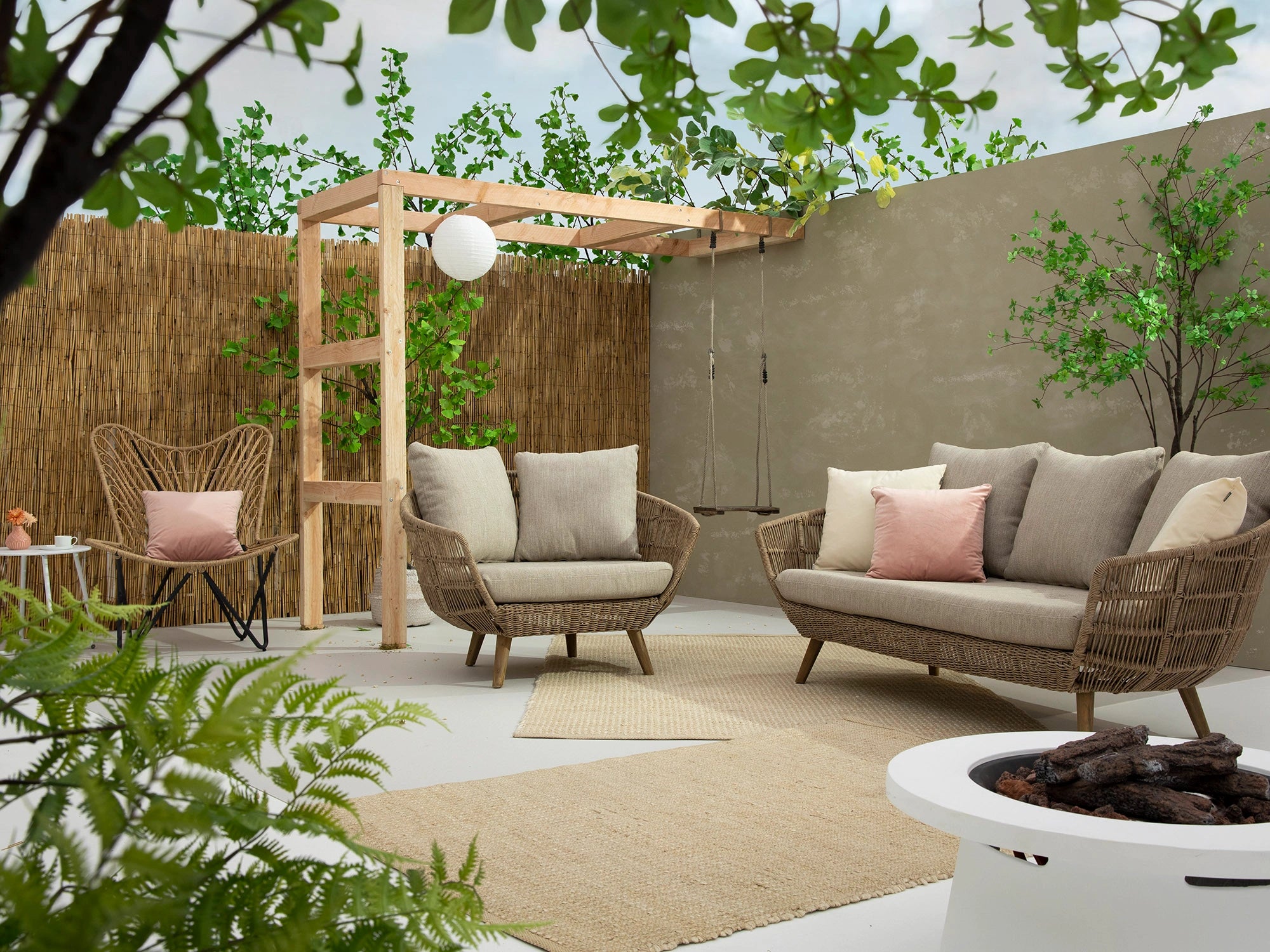 Mayfair Outdoor Sofa Set by Outdoor Studio – full view with 2+1+1 rope weave seating and teak wood twin tables