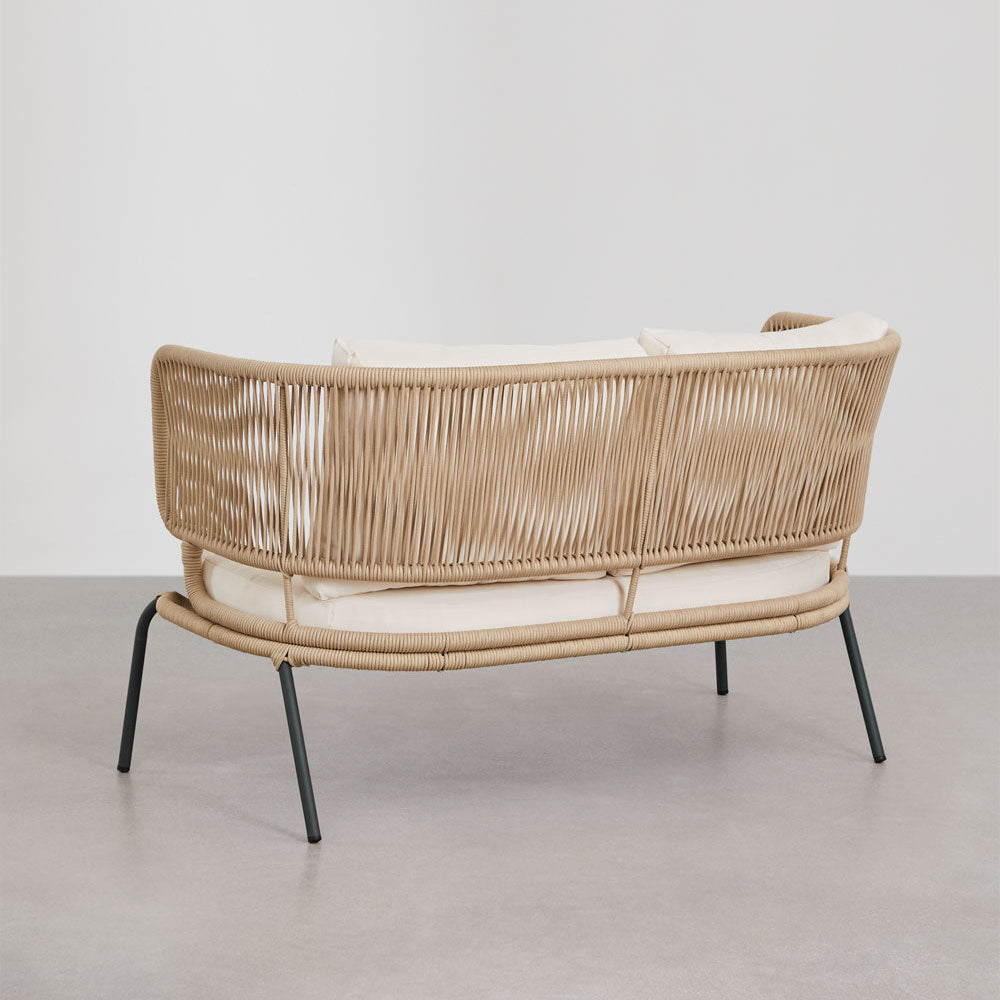Rear view of Windsor 2-seater outdoor rope sofa with curved woven back and aluminium legs