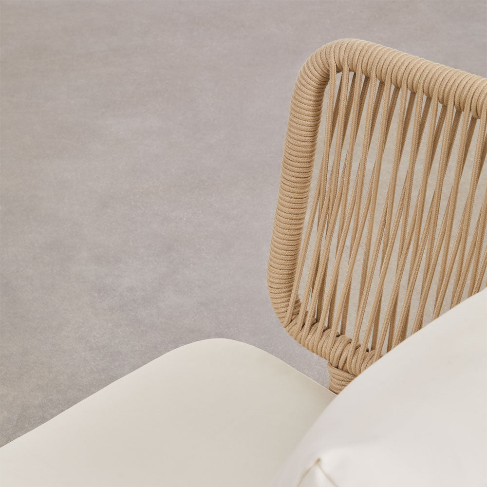 Side angle of Windsor outdoor sofa showcasing curved armrests and rope detailing