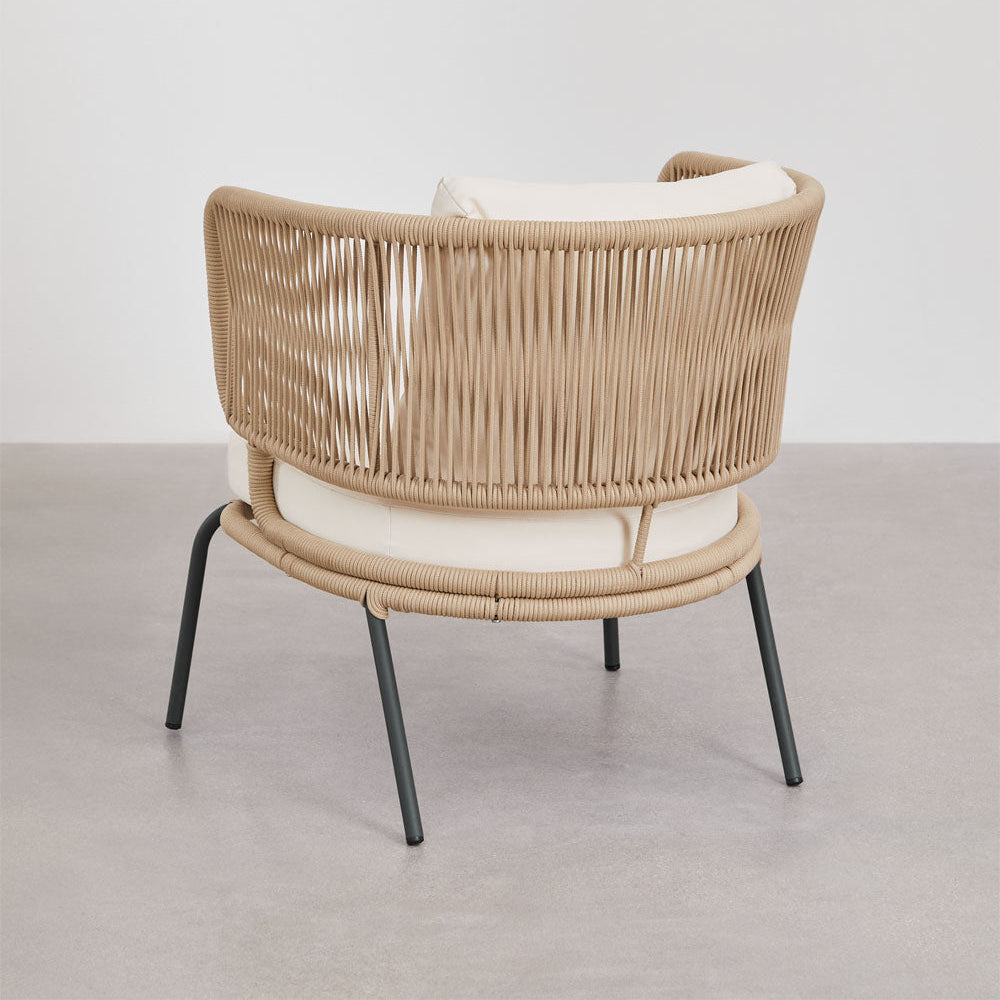 Backside angle of Windsor rope weave single-seater chair with rounded edges