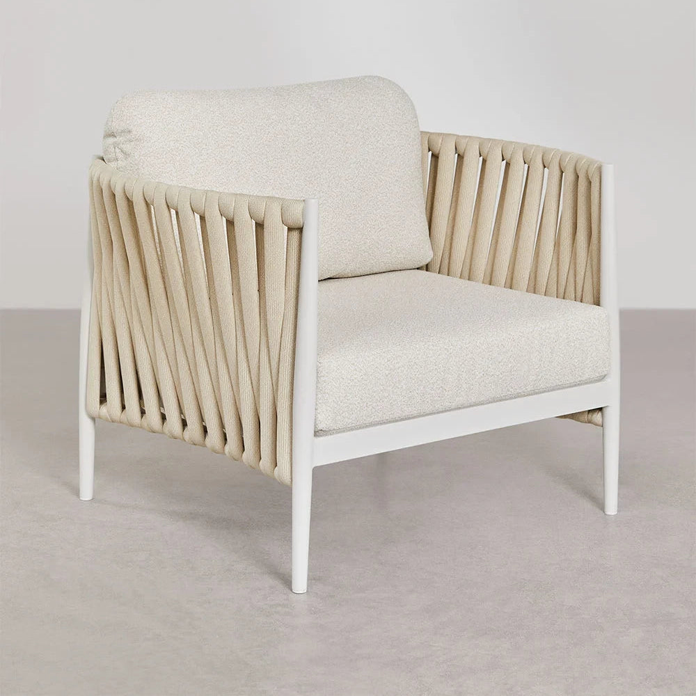 Front angle of single rope lounge chair with plush outdoor cushion