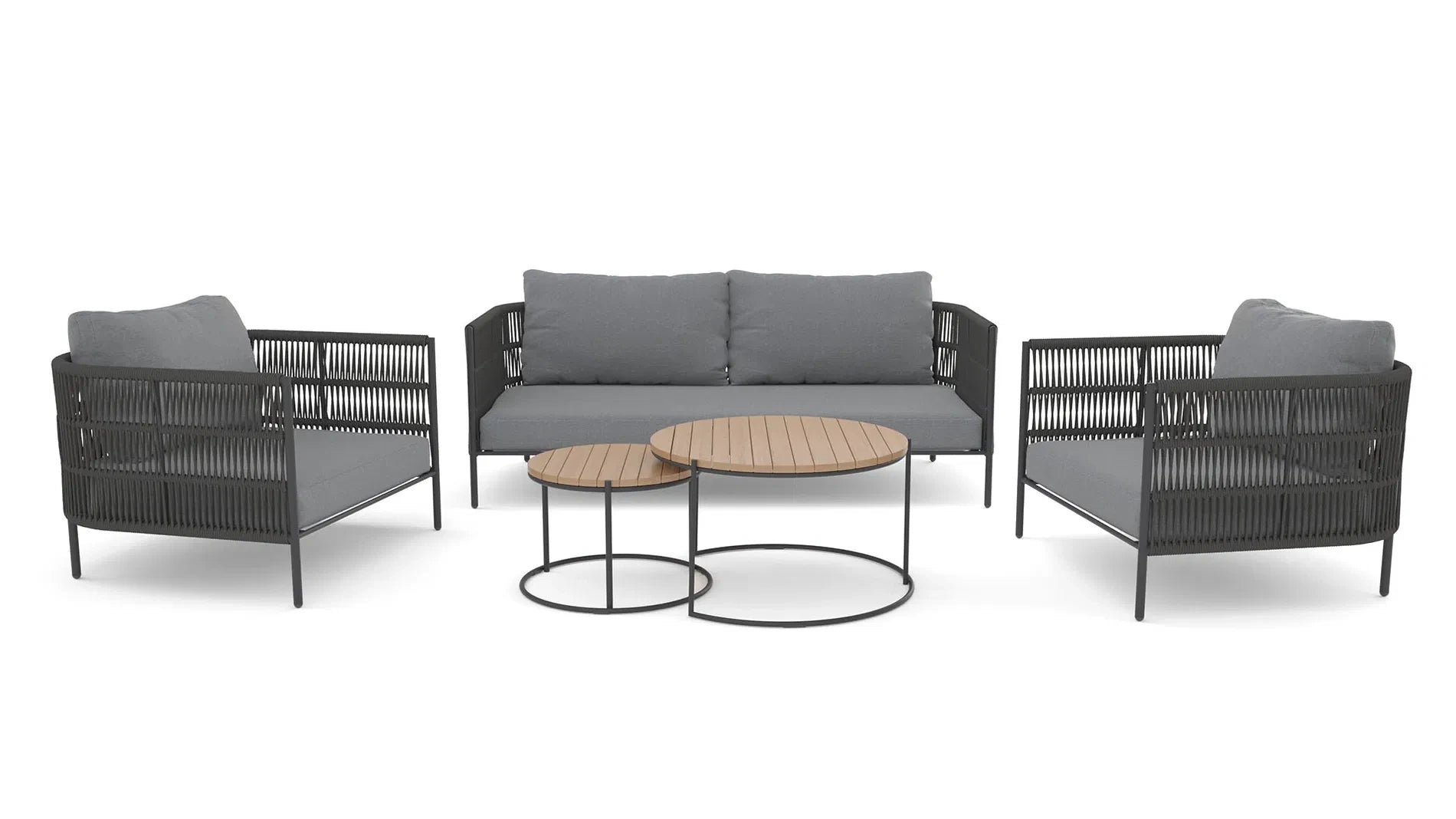 Zenith outdoor patio sofa set in a scenic outdoor garden setting with handwoven rope and glass top table