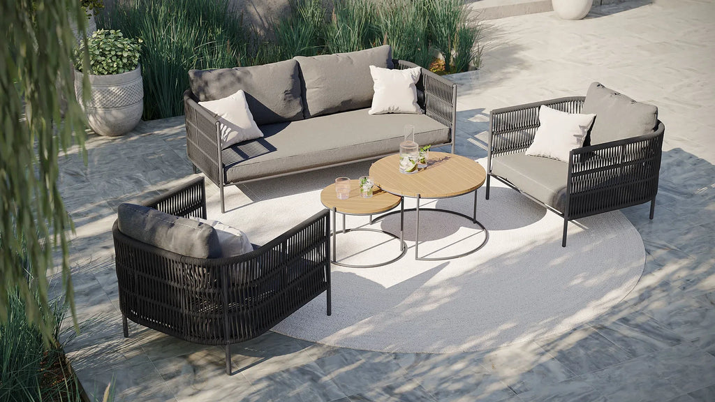 Zenith 4-piece outdoor sofa set placed near pool with coastal background, ideal for resorts and villas