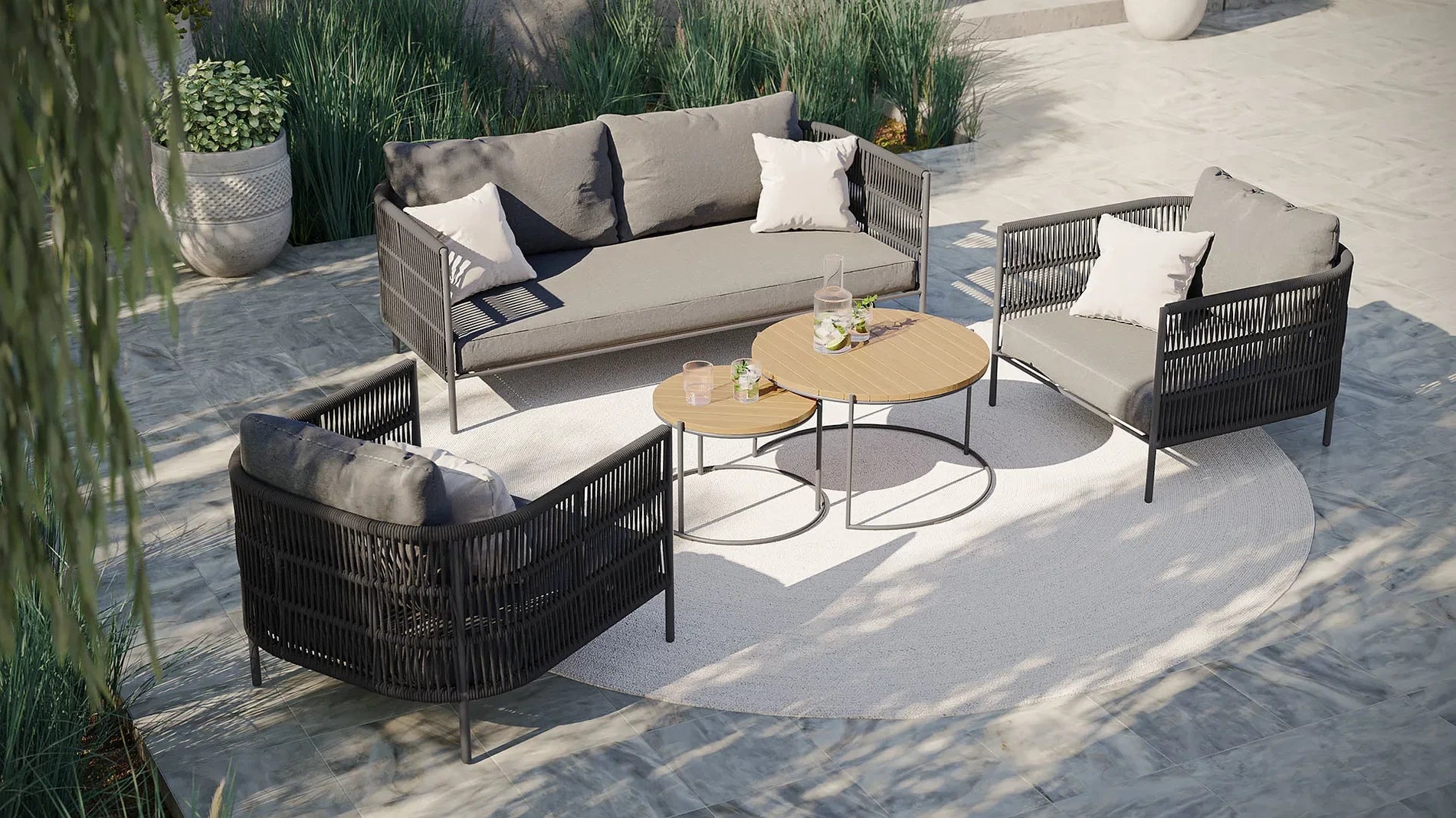 Zenith 4-piece outdoor sofa set placed near pool with coastal background, ideal for resorts and villas
