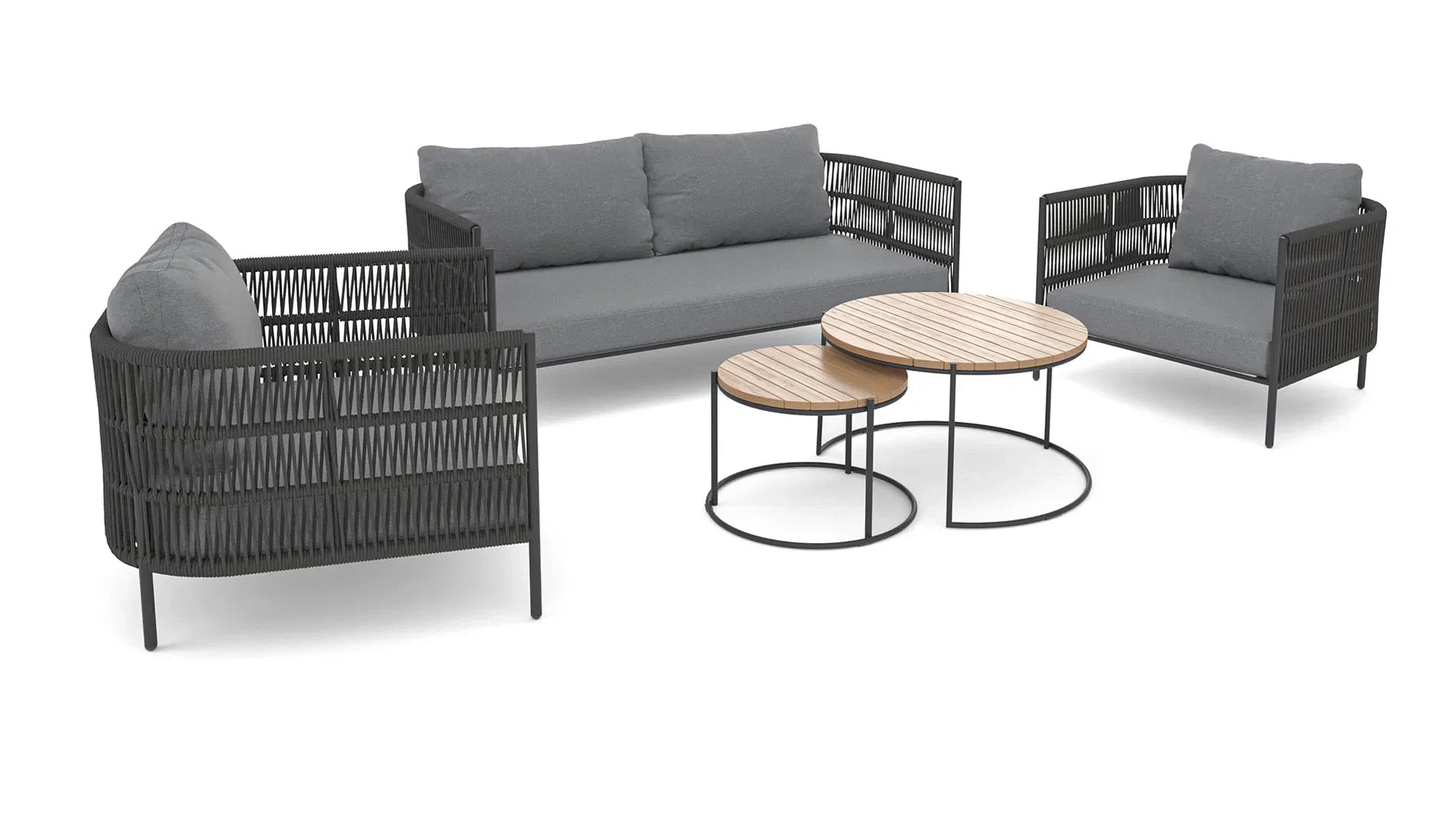 Diagonal view of Zenith black frame outdoor furniture set showcasing braided detailing and layout