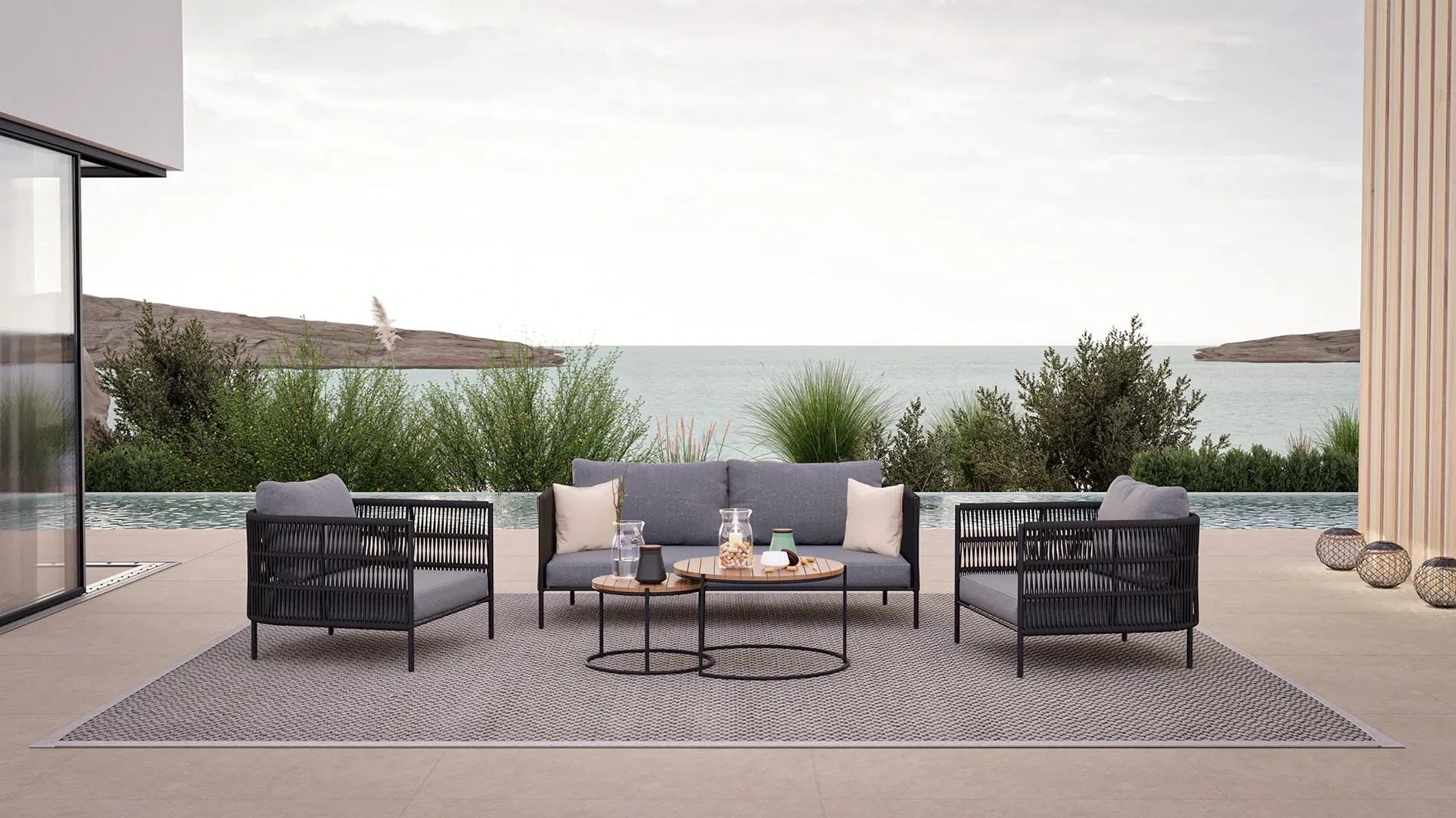Zenith 4-piece outdoor sofa set placed near pool with coastal background, ideal for resorts and villas